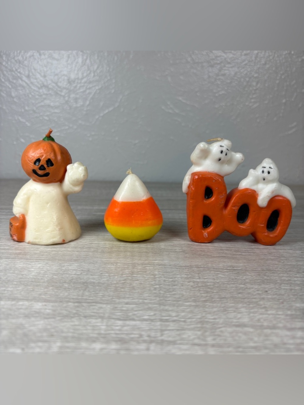Lot Of 3 American Vtg Halloween Wax Candle Figures Ghost Boo Pumpkin Candy Corn